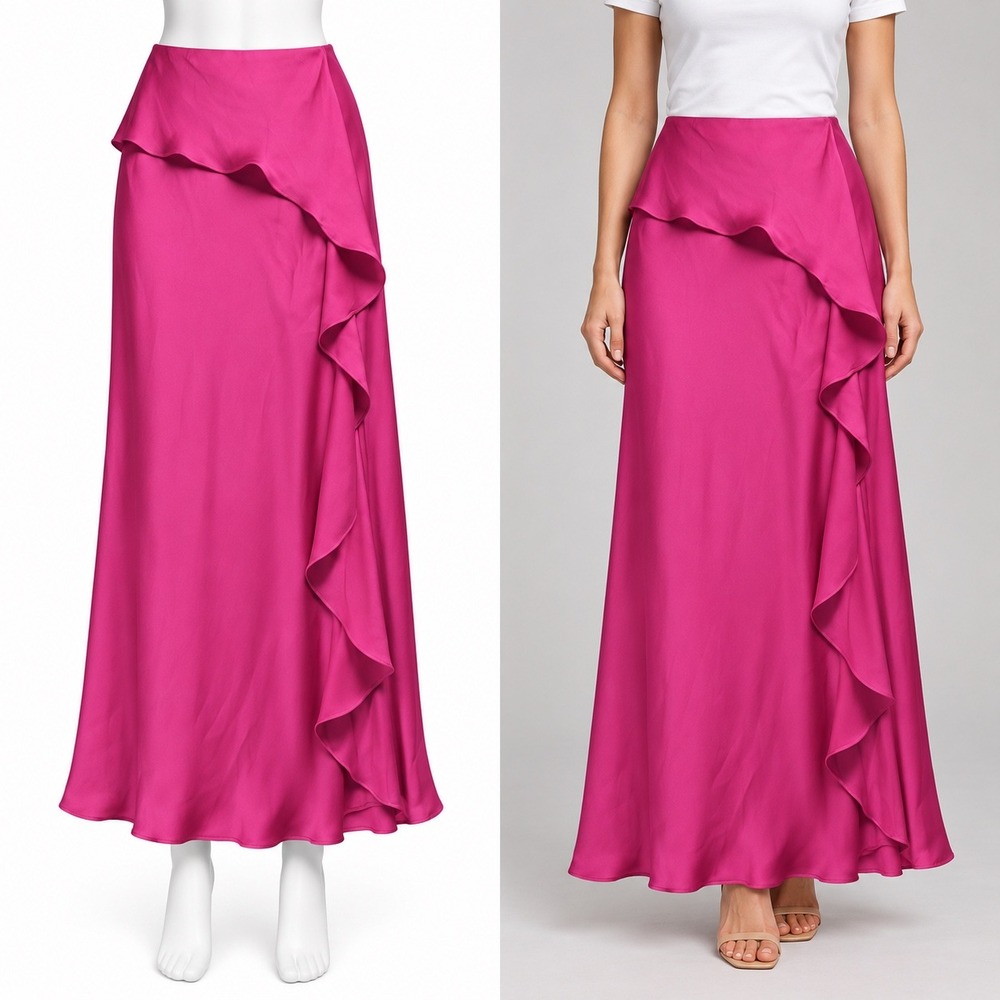 Express Midi Skirt Women Medium Pink Satin Ruffle Side Zip NWT Hot Pink Barbie